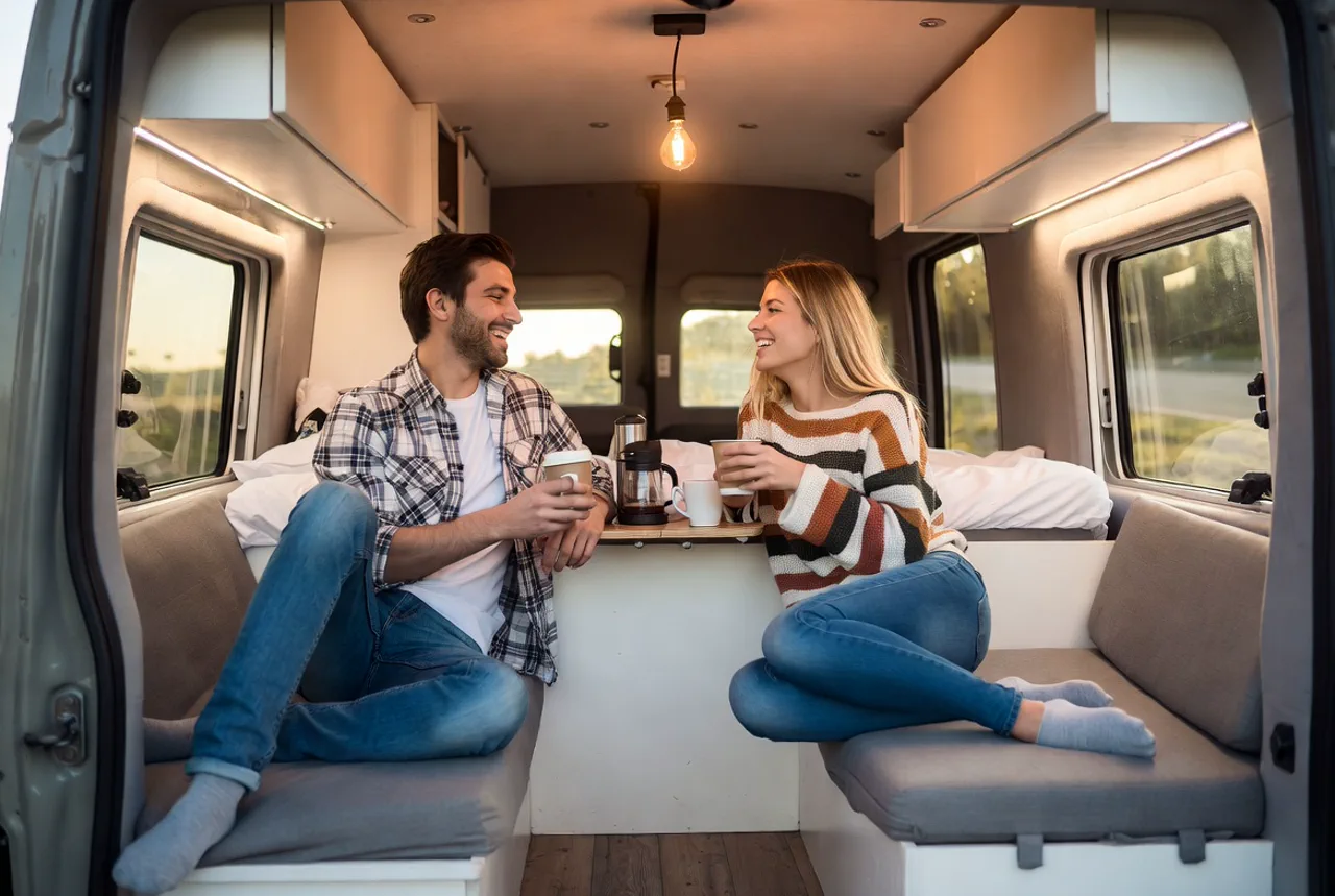 Glückliches Paar genießt Kaffee im gemütlichen Camper Van während einer Roadtrip