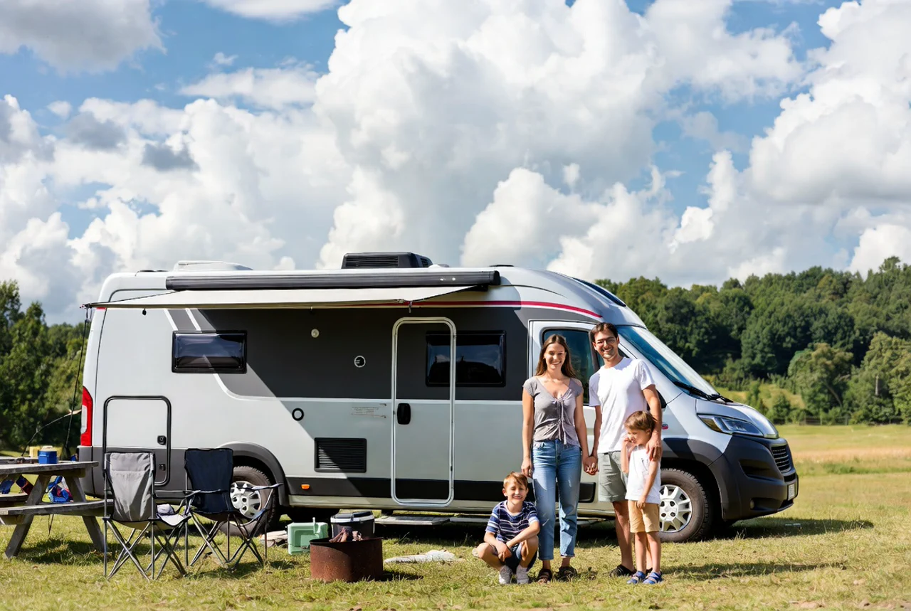 Glückliche Familie steht vor einem modernen Wohnmobil auf einem Campingplatz